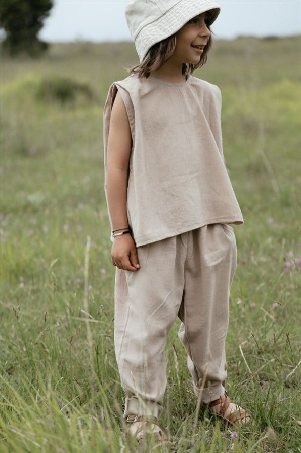 Beige Linen Carrot Pants + Beige Linen Sleeveless Blouse