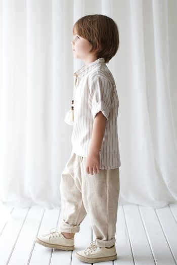 Beige Linen Stitched Carrot Pants + Cream Brown Striped Linen Shirt