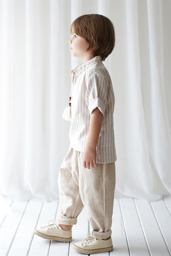 Beige Linen Stitched Carrot Pants + Cream Brown Striped Linen Shirt