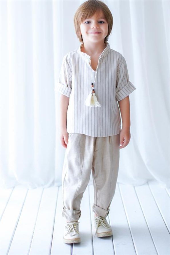 Beige Linen Stitched Carrot Pants + Cream Brown Striped Linen Shirt