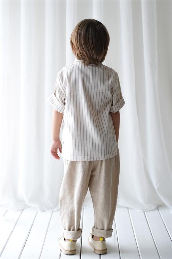 Beige Linen Stitched Carrot Pants + Cream Brown Striped Linen Shirt