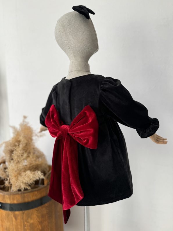 Black Velvet Dress with Burgundy Ribbon