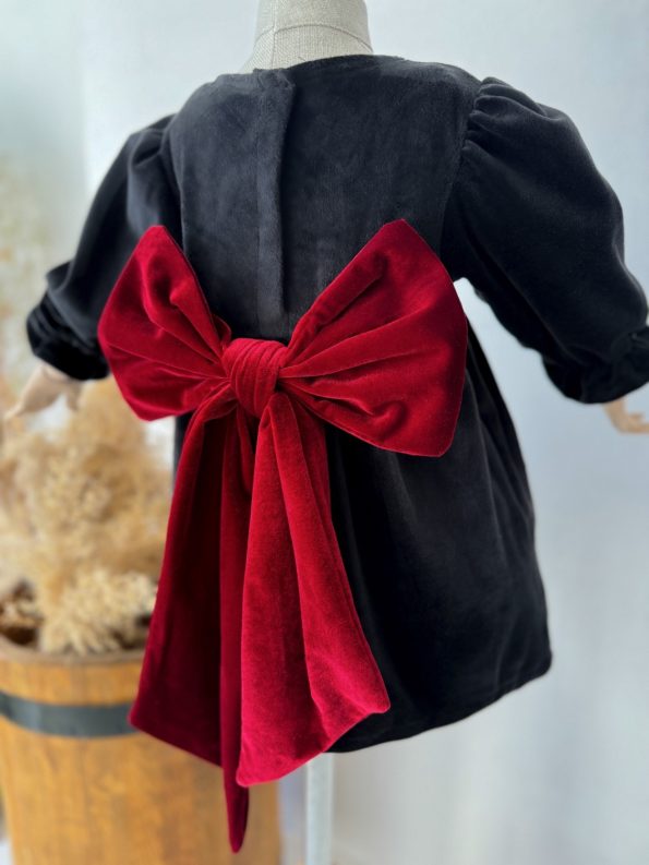 Black Velvet Dress with Burgundy Ribbon