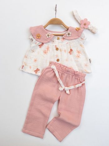 Girls' Floral Collared Muslin Three-Piece Set