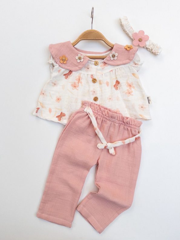 Girls' Floral Collared Muslin Three-Piece Set