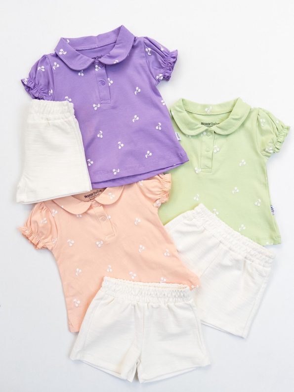 Girls' Cherry Print Collar and Shorts Two-Piece Set