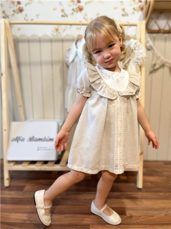 Ruffled Collar Puff Sleeve Baby Girl Dress Premium Series 100% Linen Beige