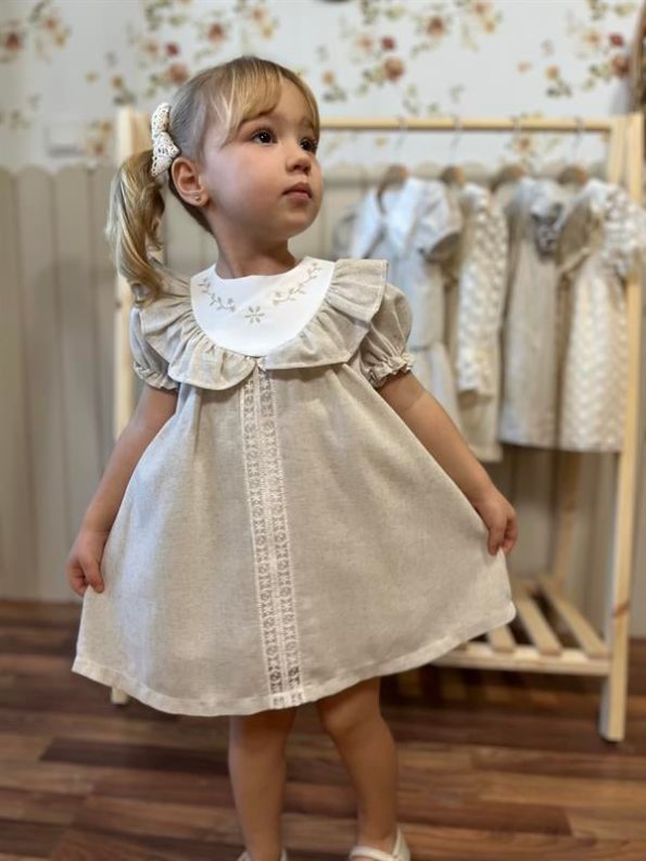 Ruffled Collar Puff Sleeve Baby Girl Dress Premium Series 100% Linen Beige