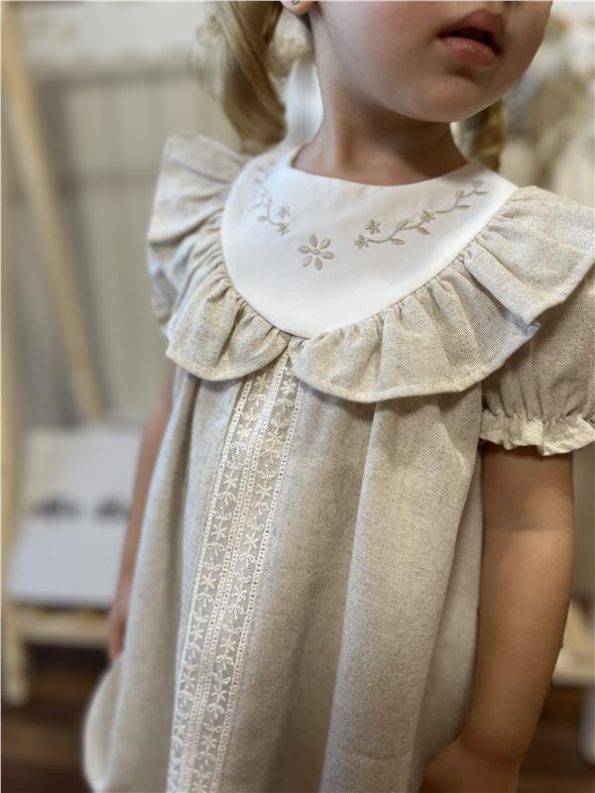 Ruffled Collar Puff Sleeve Baby Girl Dress Premium Series 100% Linen Beige