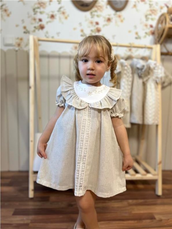 Ruffled Collar Puff Sleeve Baby Girl Dress Premium Series 100% Linen Beige