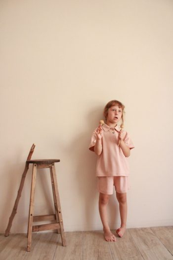 Leaf Embroidered Polo Collar Short Set