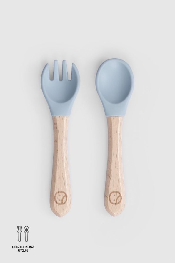 Blue Silicone Fork and Spoon Set with Bamboo Handle