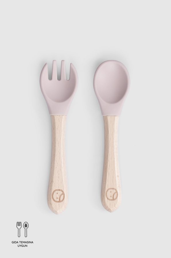 Pink Silicone Fork and Spoon Set with Bamboo Handle