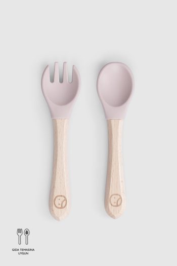 Pink Silicone Fork and Spoon Set with Bamboo Handle