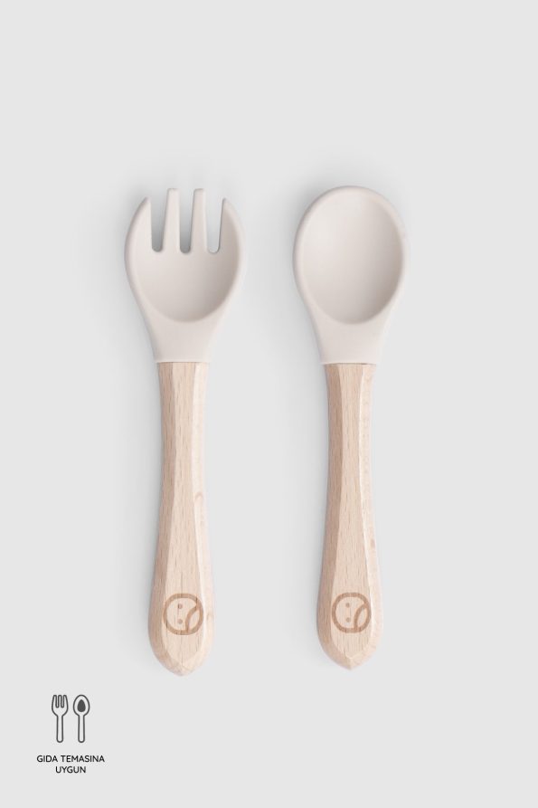 Bamboo Handle Beige Silicone Fork and Spoon Set