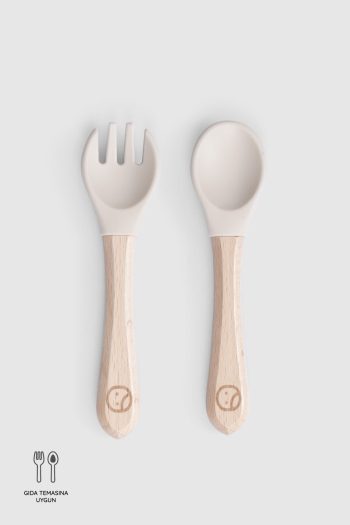 Bamboo Handle Beige Silicone Fork and Spoon Set