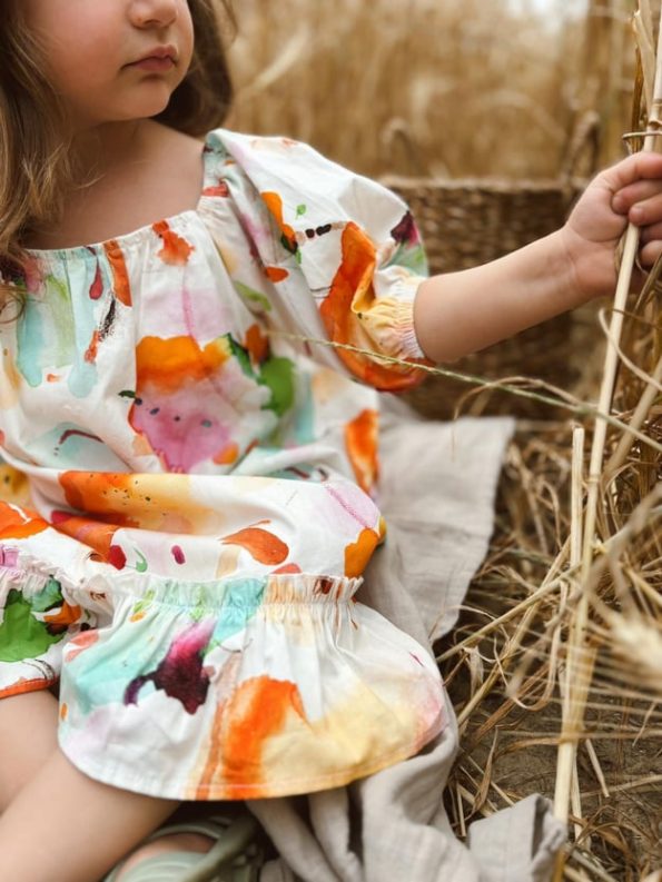 Collared Elastic Cuff Poplin Dress 2-7 Years Ecru Patterned