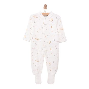Newborn Boys' Beige Space-Themed Romper with Socks and Ribbed Details