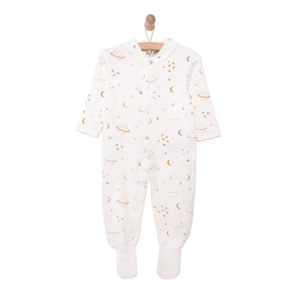 Newborn Boys' Beige Space-Themed Romper with Socks and Ribbed Details