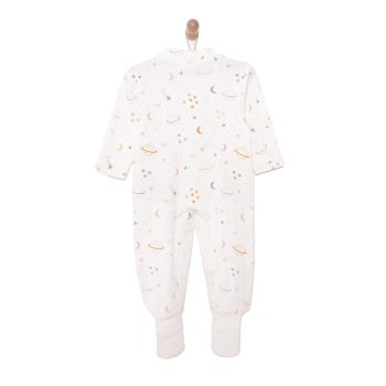 Newborn Boys' Beige Space-Themed Romper with Socks and Ribbed Details
