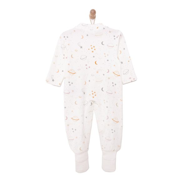 Newborn Boys' Beige Space-Themed Romper with Socks and Ribbed Details
