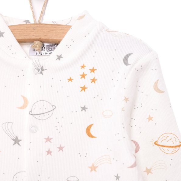 Newborn Boys' Beige Space-Themed Romper with Socks and Ribbed Details