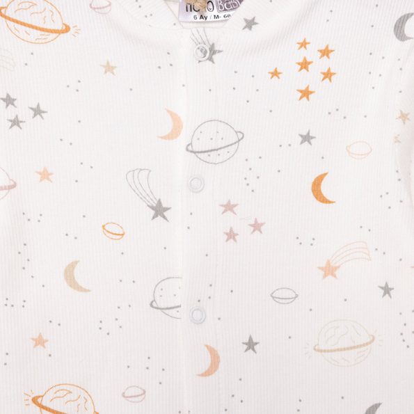 Newborn Boys' Beige Space-Themed Romper with Socks and Ribbed Details
