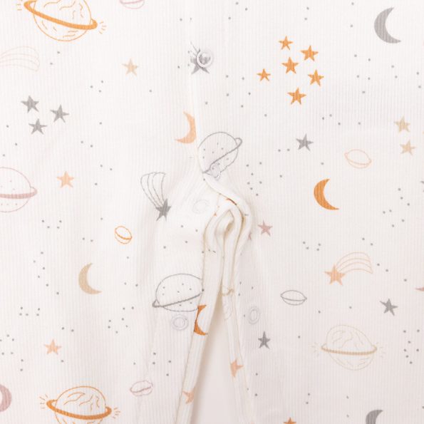 Newborn Boys' Beige Space-Themed Romper with Socks and Ribbed Details