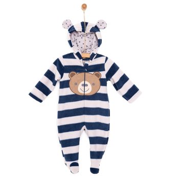 Newborn Boys' Hooded Fleece Onesie with Animal Print in Navy