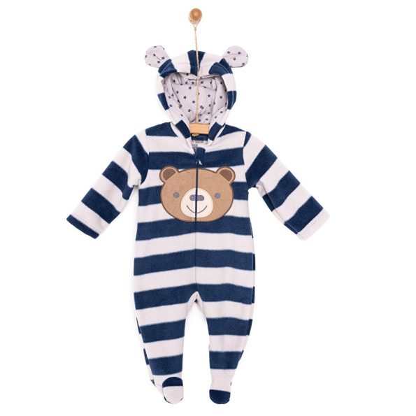 Newborn Boys' Hooded Fleece Onesie with Animal Print in Navy