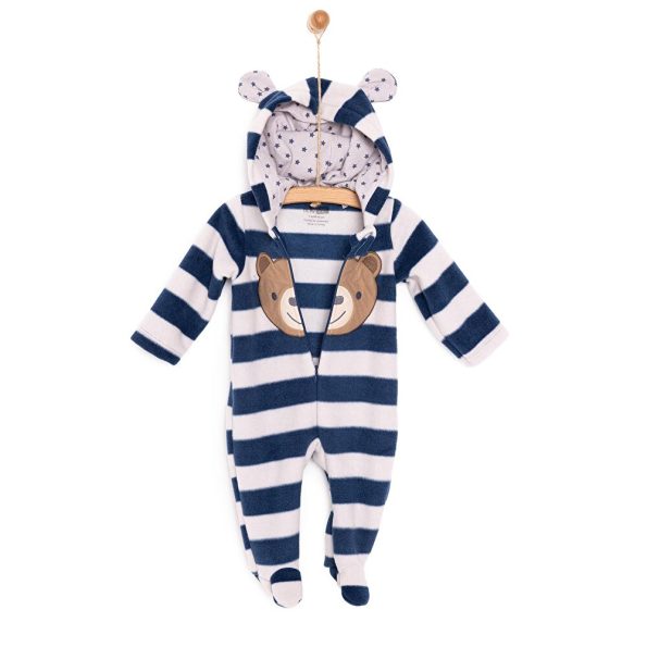 Newborn Boys' Hooded Fleece Onesie with Animal Print in Navy
