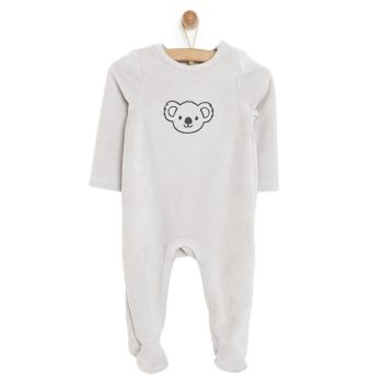 Newborn Baby Boy Footed Velvet Romper with Embroidery in Gray