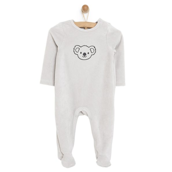 Newborn Baby Boy Footed Velvet Romper with Embroidery in Gray