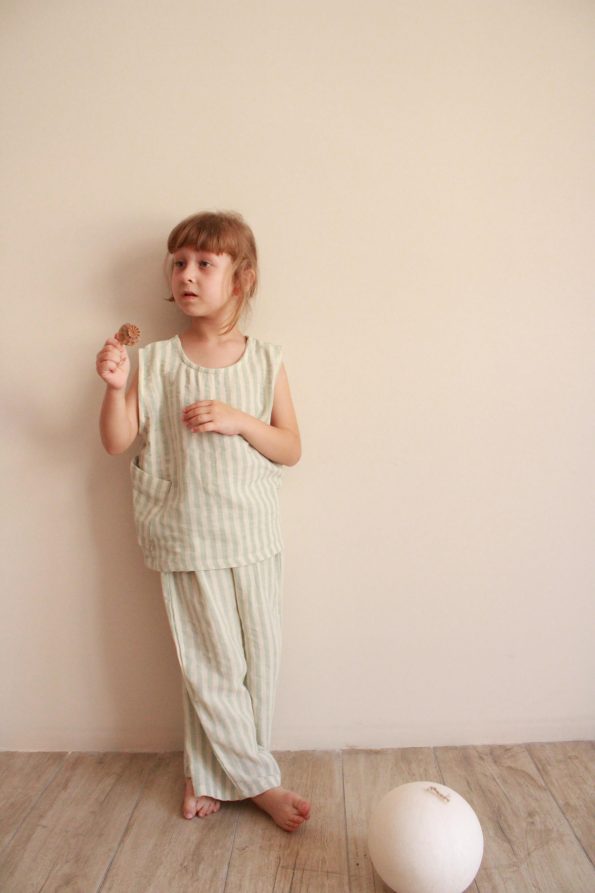 Green Striped Asymmetrical Pocket Muslin Set