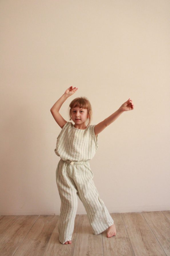Green Striped Asymmetrical Pocket Muslin Set