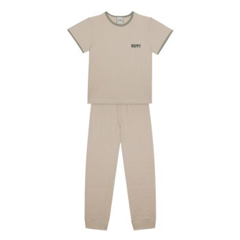 Beige Waffle Short Sleeve Pajamas with Green Details