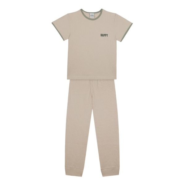 Beige Waffle Short Sleeve Pajamas with Green Details