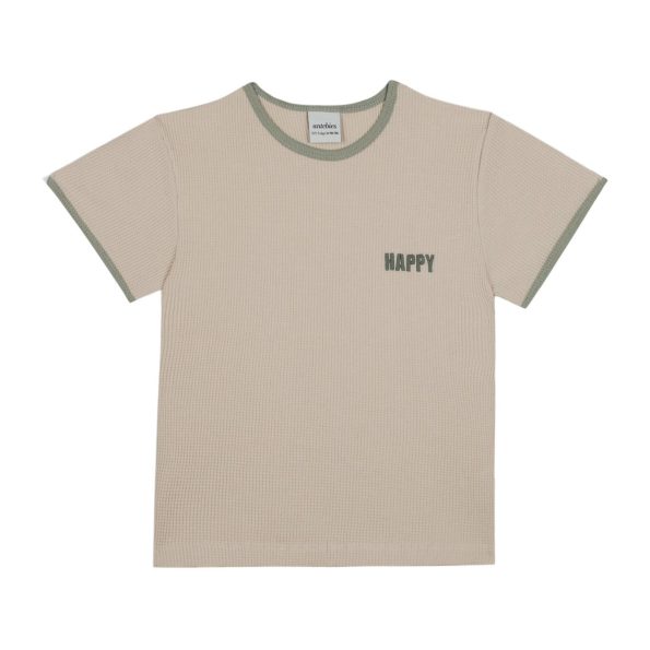 Beige Waffle Short Sleeve Pajamas with Green Details