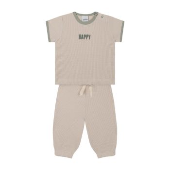 Green Detailed Beige Waffle Short Sleeve Set