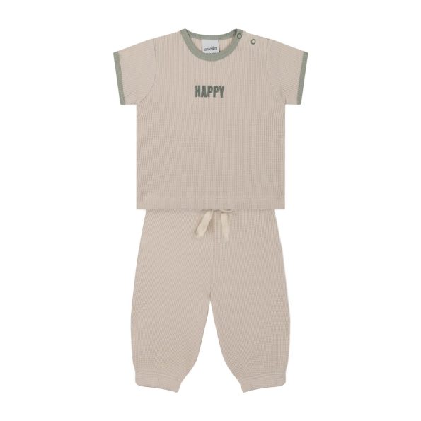 Green Detailed Beige Waffle Short Sleeve Set