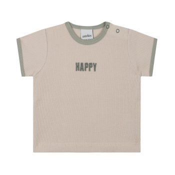 Green Detailed Beige Waffle Short Sleeve Set