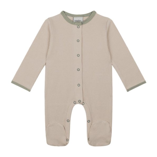 Beige Waffle Romper with Green Details