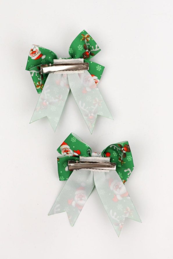 Green Santa Claus Patterned 2-Pack Bow Hair Clips for Girls