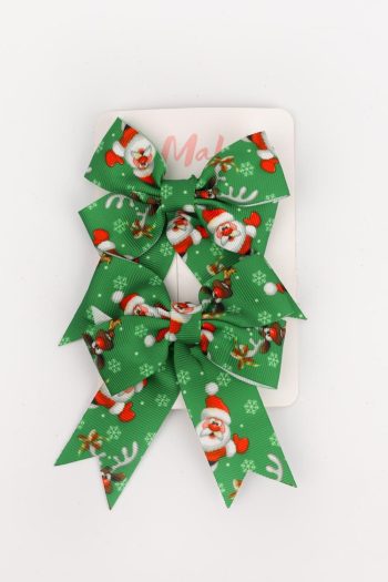 Green Santa Claus Patterned 2-Pack Bow Hair Clips for Girls