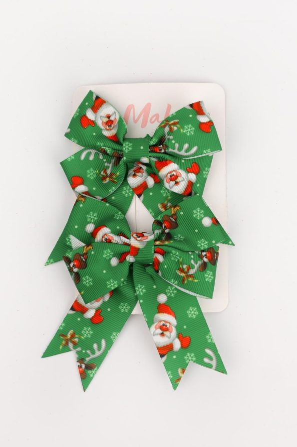 Green Santa Claus Patterned 2-Pack Bow Hair Clips for Girls