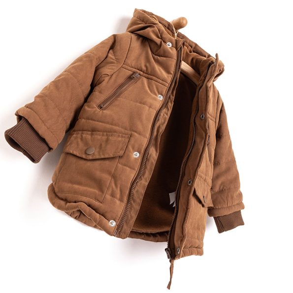 Baby Boy Basic Hooded Padded Jacket with Mandarin Collar in Brown