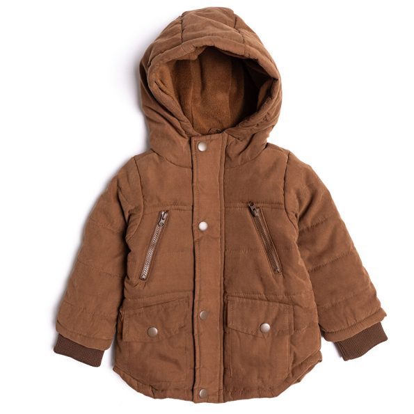Baby Boy Basic Hooded Padded Jacket with Mandarin Collar in Brown