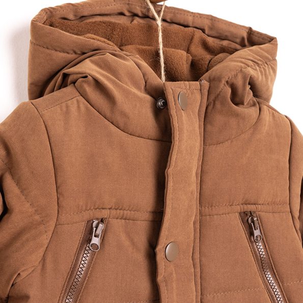 Baby Boy Basic Hooded Padded Jacket with Mandarin Collar in Brown