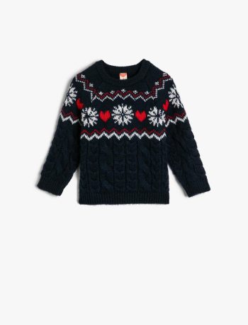 Girls' Round Neck Long Sleeve Patterned Knit Sweater