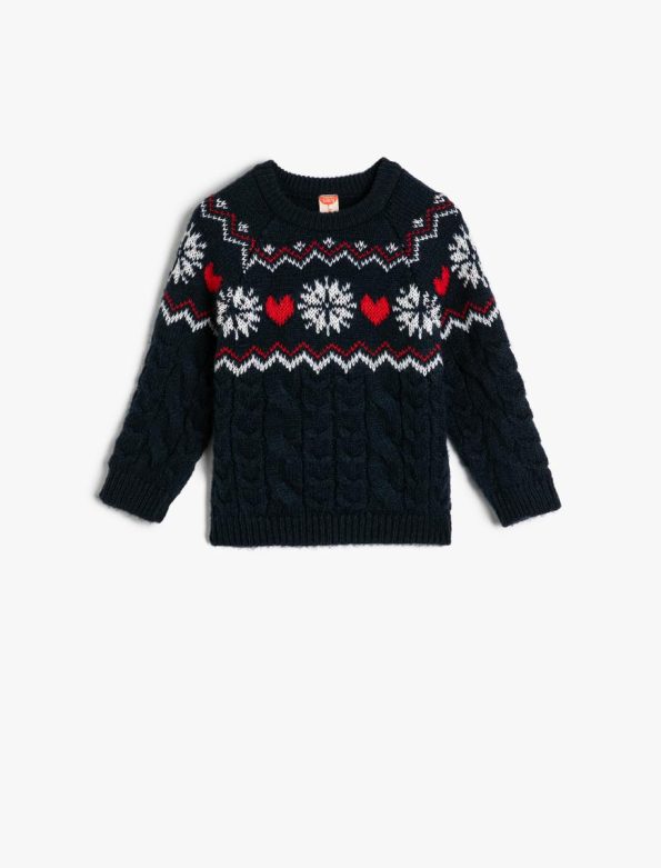 Girls' Round Neck Long Sleeve Patterned Knit Sweater